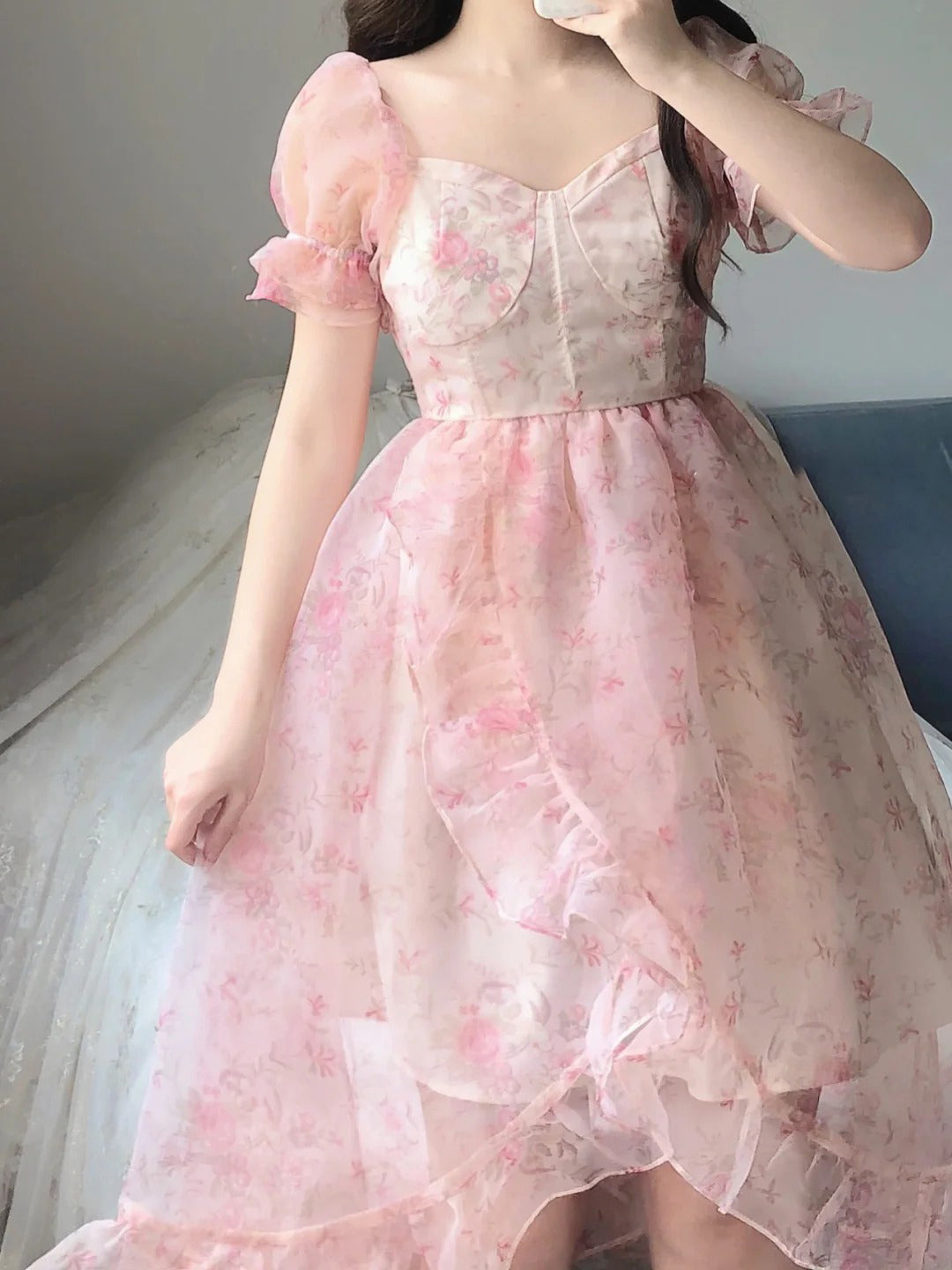 Vintage High Low Square Neckline Floral Holiday Dress Birthday Dresses Birthday Outfits - View 3 | VelvetHem