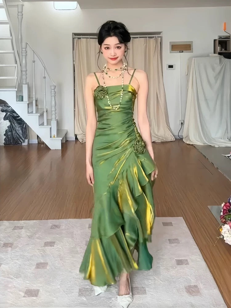 Retro Mermaid Spaghetti Straps Satin Long Party Dress Green Prom Dresses