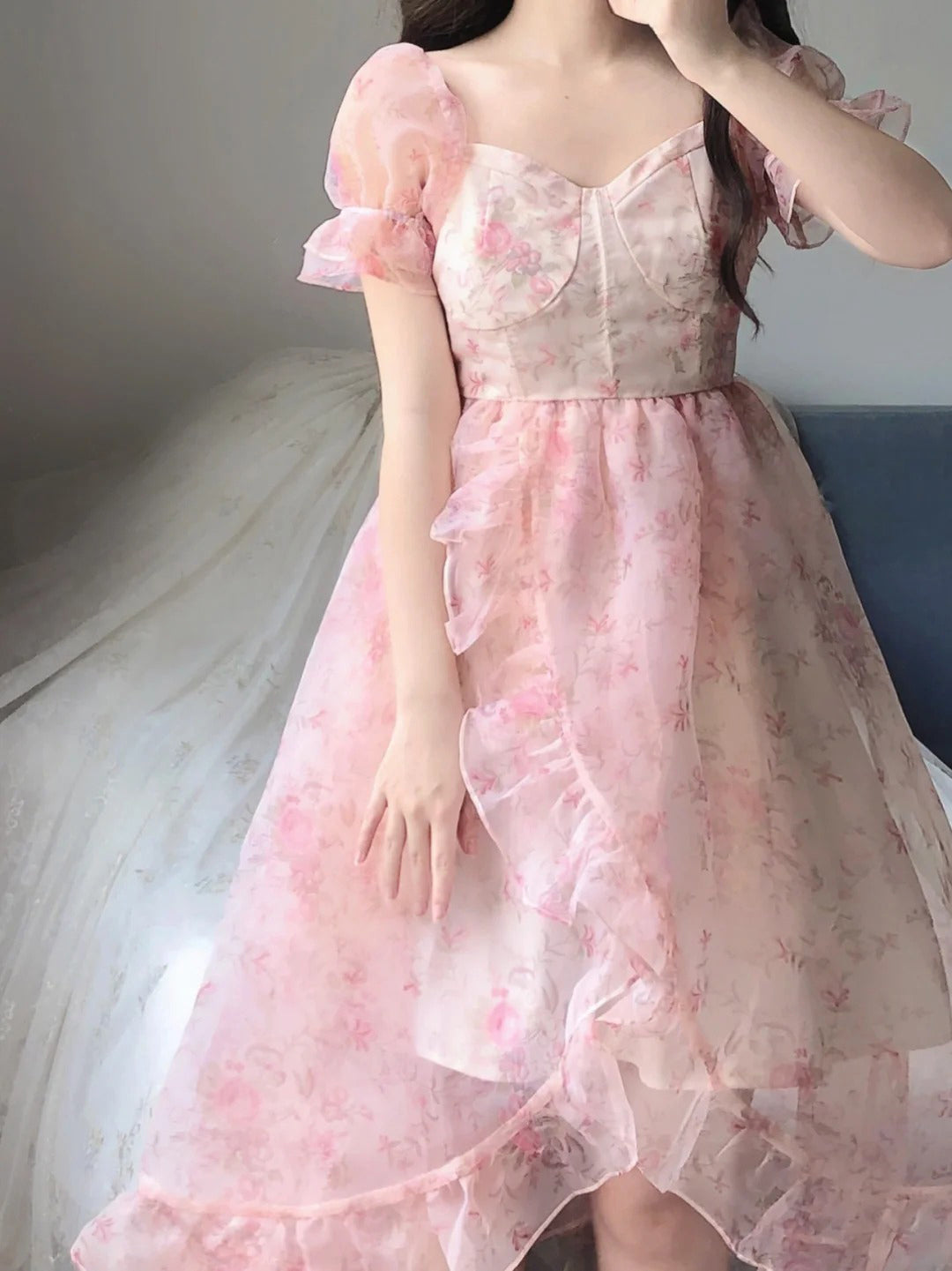Vintage High Low Square Neckline Floral Holiday Dress Birthday Dresses Birthday Outfits - View 4 | VelvetHem