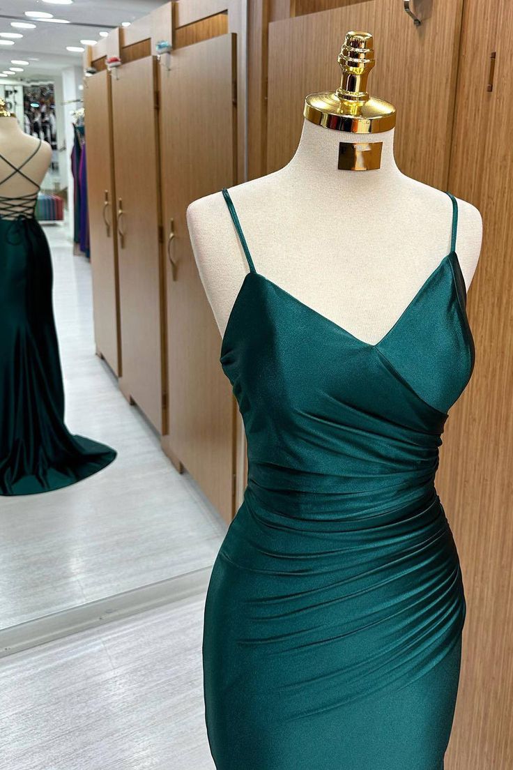 Sexy Mermaid Spaghetti Straps Green Satin Prom Dresses Long Party Dress - View 3 | VelvetHem