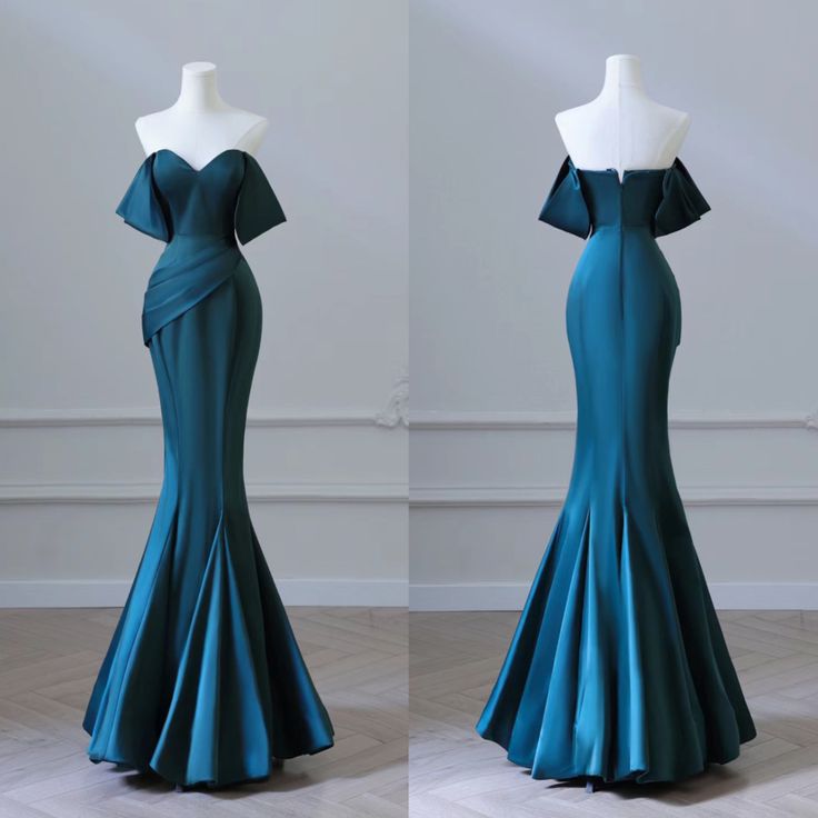 Sexy Mermaid Green Satin Off the Shoulder Pleats Prom Dress Prom Dresses