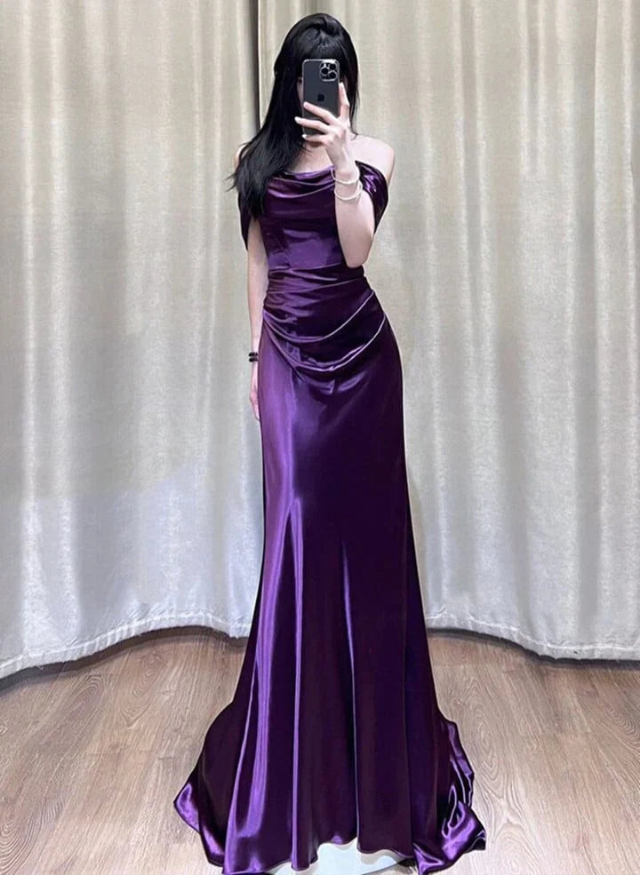 Purple Satin Off Shoulder Long Evening Dress Purple Satin Prom Dress