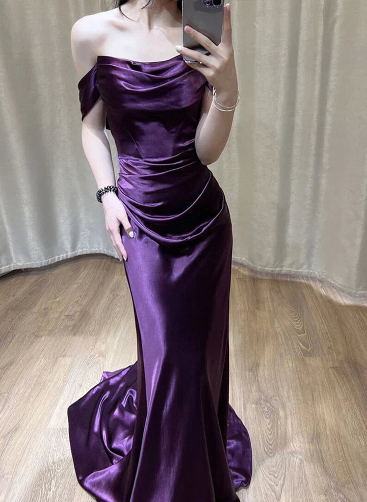 Purple Satin Off Shoulder Long Evening Dress Purple Satin Prom Dress