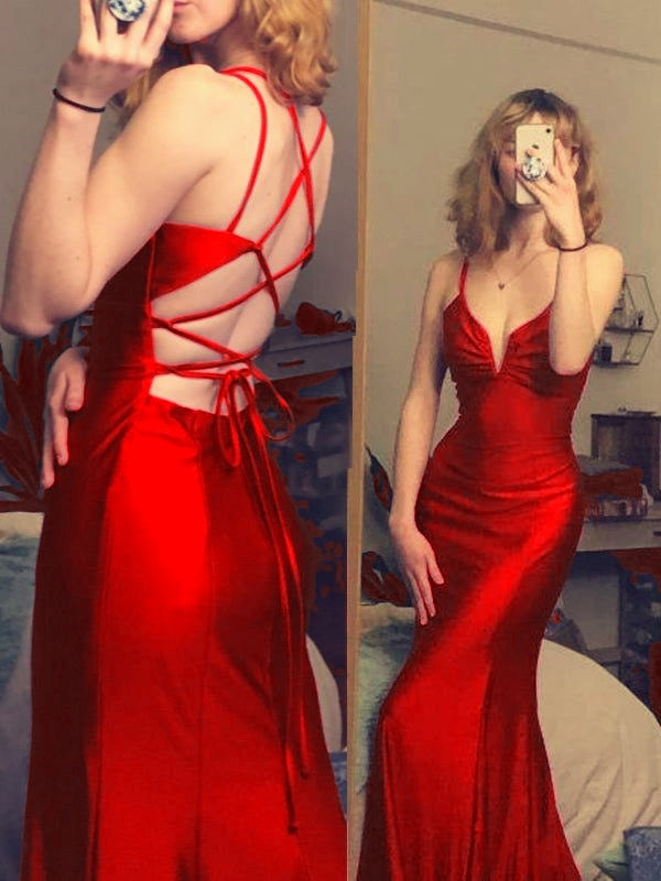 Burgundy mermaid long prom dress v-neck tight simple prom dress