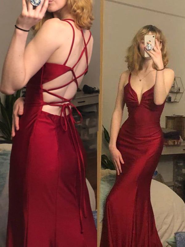 Burgundy mermaid long prom dress v-neck tight simple prom dress