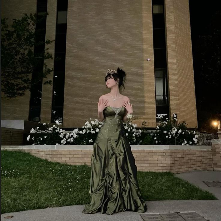 Pretty Ball Gown Strapless Satin Olive Green Long Ruffles Prom Dresses Formal Evening Dress - View 5 | VelvetHem