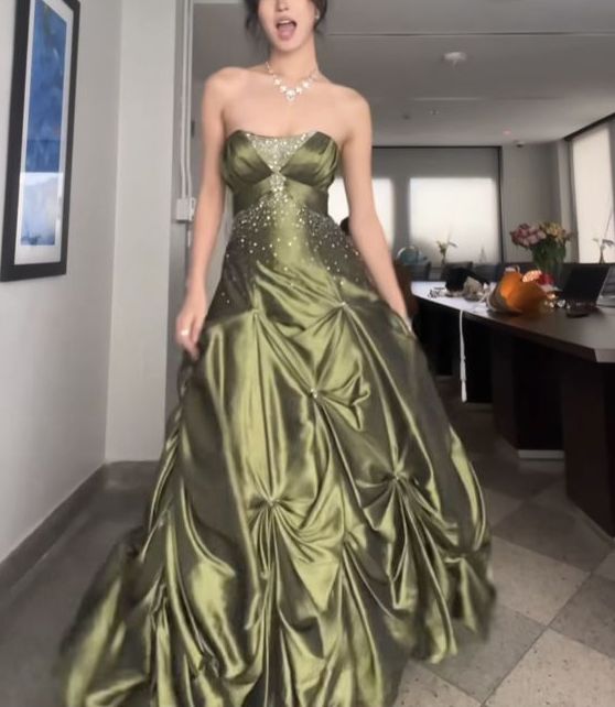 Pretty Ball Gown Strapless Satin Olive Green Long Ruffles Prom Dresses Formal Evening Dress - View 2 | VelvetHem