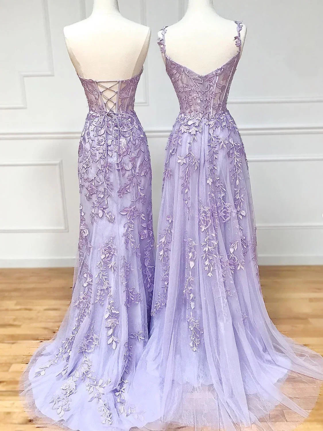 Elegant Mermaid Sleeveless Lace Lilac Evening Prom Dresses Long Prom Dresses - View 8 | VelvetHem