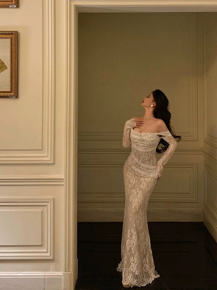 Classy Sheath Off The Shoulder White Long Sleeves Prom Dresses