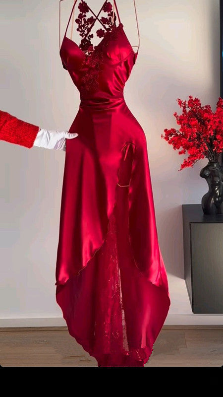 Classy A Line Halter Red Sleeveless Long Party Dress Prom Dresses