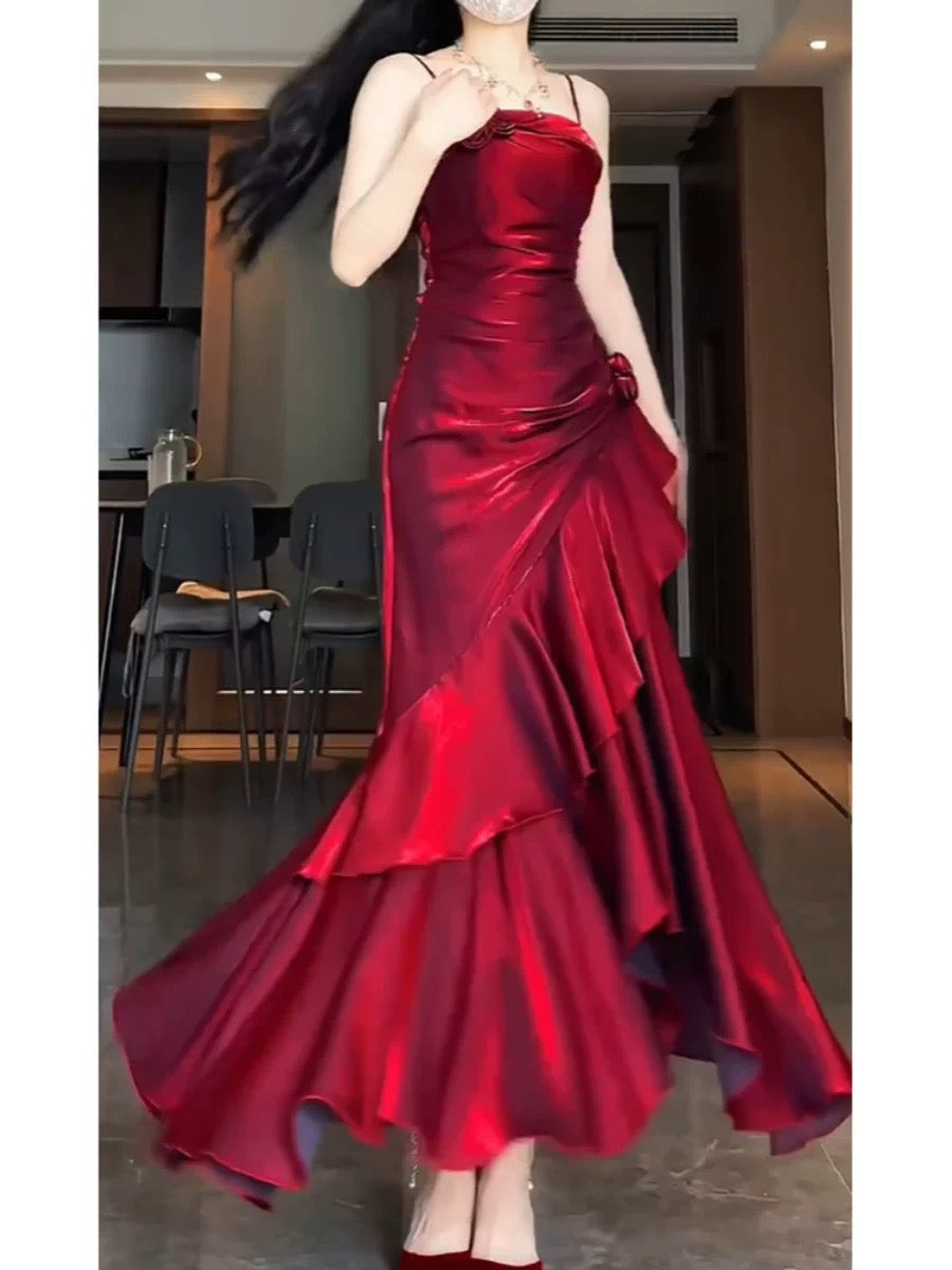 Simple Mermaid Spaghetti Straps Burgundy Party Dress Long Prom Dresses