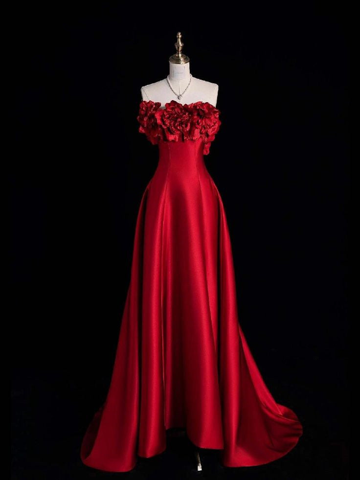 Simple A Line Strapless Satin Red Party Dress Long Prom Dresses