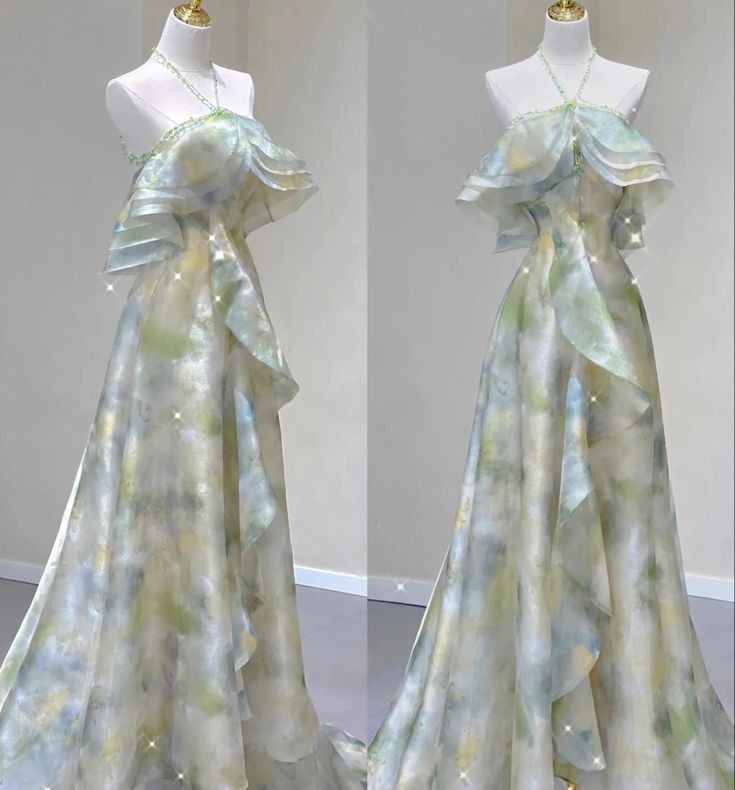 Classy A line Off The Shoulder Halter Green Floral Long Party Dress Prom Dresses
