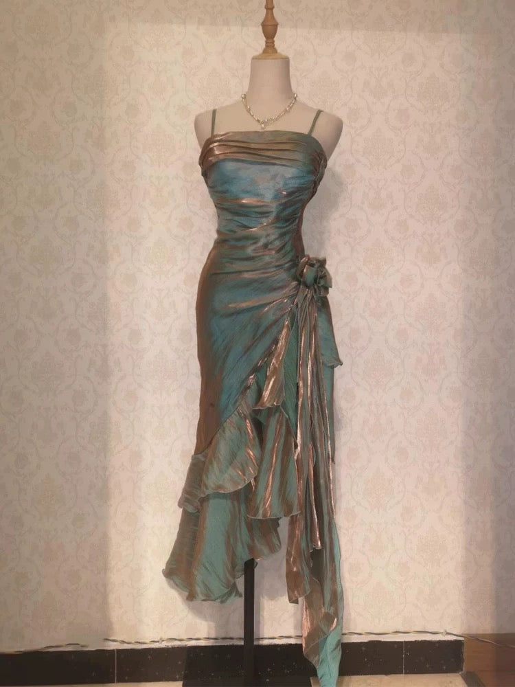 Retro Mermaid Spaghetti Straps Satin Long Party Dress Prom Dresses