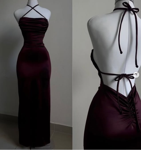 Sexy Mermaid Halter Floor Length Burgundy Backless Evening Dress Prom Dresses - View 2 | VelvetHem