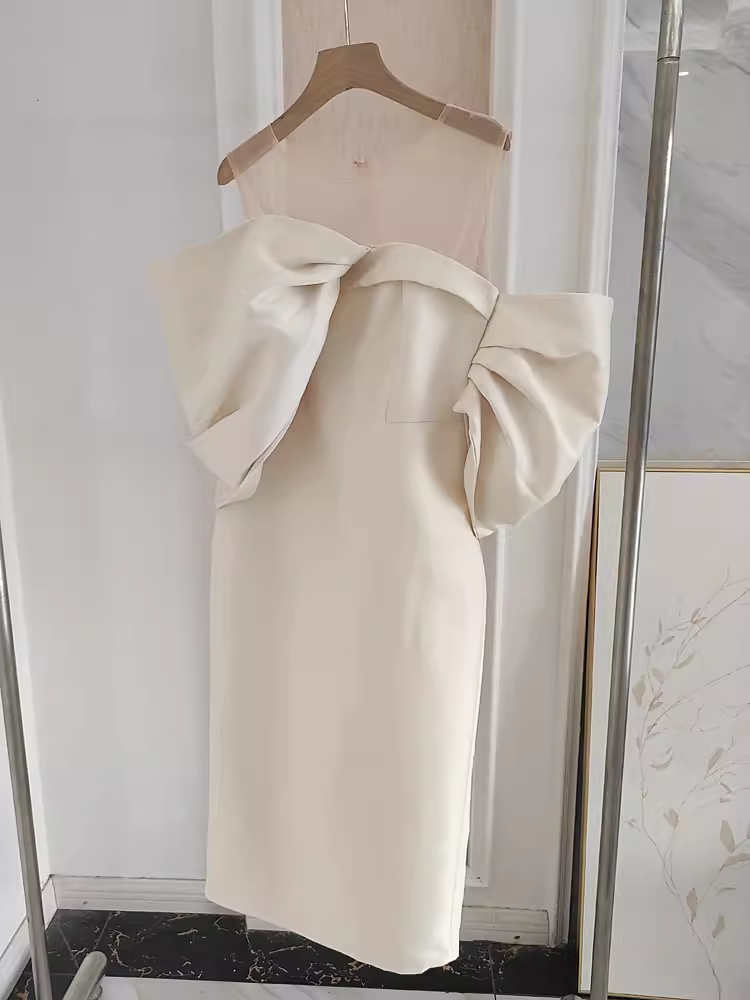 Sexy Sheath Strapless Ivory Vacation Dress Satin Women Dresses - VelvetHem