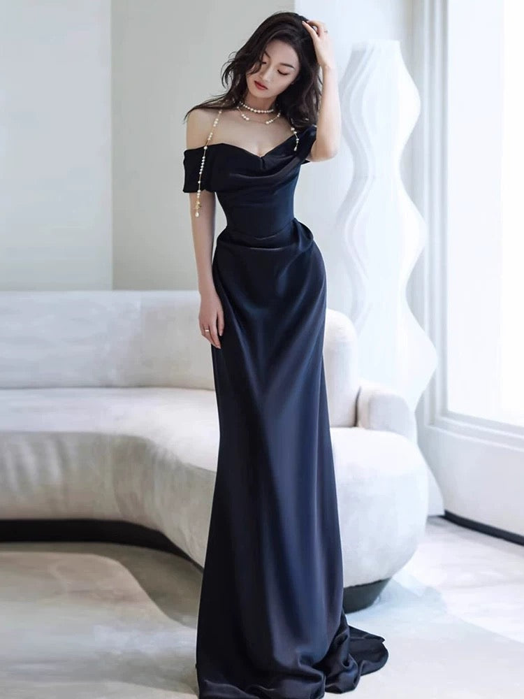 Sexy Sheath Off The Shoulder Navy Blue Satin Floor Length Evening Dress Prom Dresses - View 5 | VelvetHem