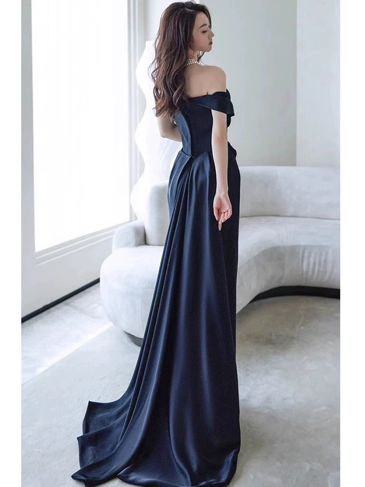 Sexy Sheath Off The Shoulder Navy Blue Satin Floor Length Evening Dress Prom Dresses - View 4 | VelvetHem