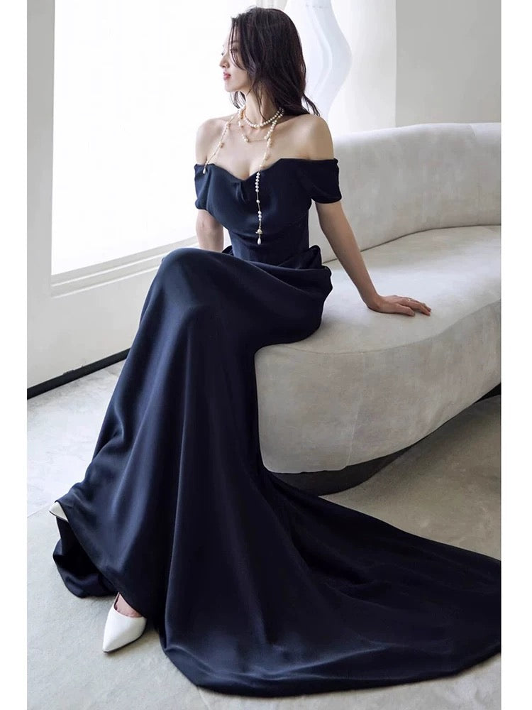 Sexy Sheath Off The Shoulder Navy Blue Satin Floor Length Evening Dress Prom Dresses - View 3 | VelvetHem