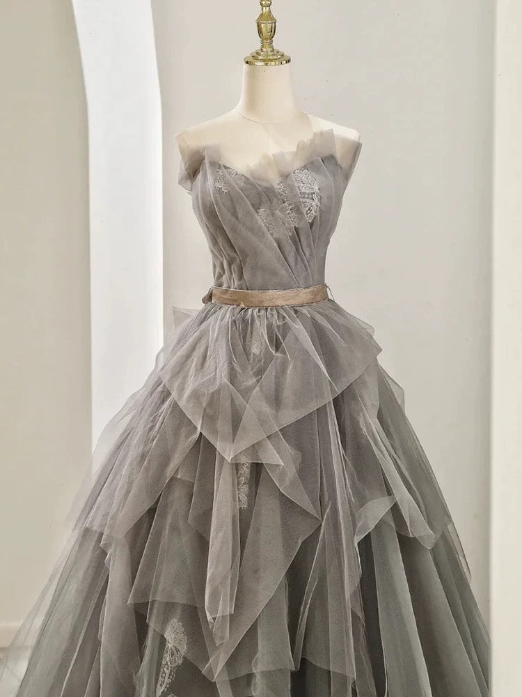 Modest Ball Gown Sweetheart Tulle Floor Length Evening Dress Gray Prom Dresses - View 2 | VelvetHem