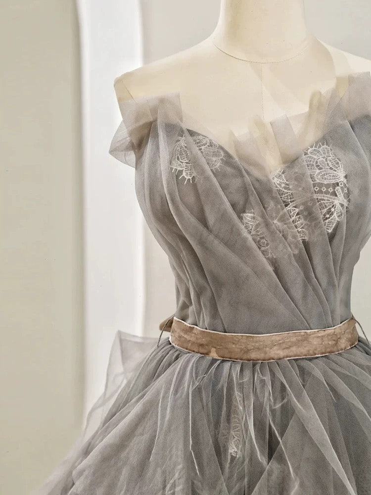 Modest Ball Gown Sweetheart Tulle Floor Length Evening Dress Gray Prom Dresses - View 5 | VelvetHem
