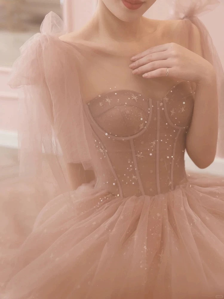 Modest A Line Spaghetti Straps Tulle Pink Evening Dress Prom Dresses