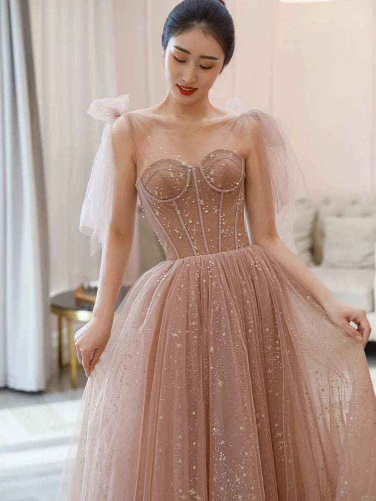 Modest A Line Spaghetti Straps Tulle Pink Evening Dress Prom Dresses