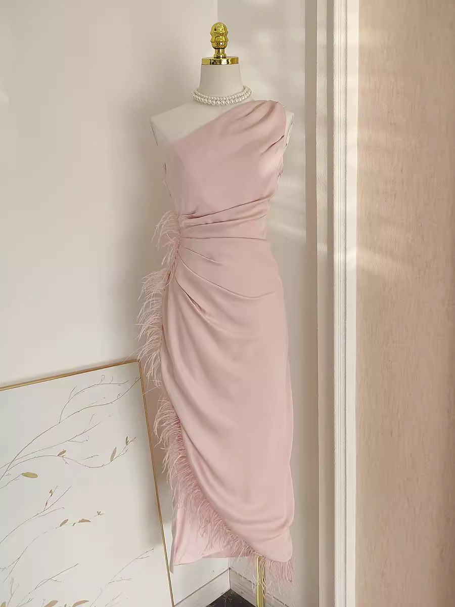 Sexy Sheath One Shoulder Pink Vacation Dress Satin Women Dresses WIth Feather - VelvetHem