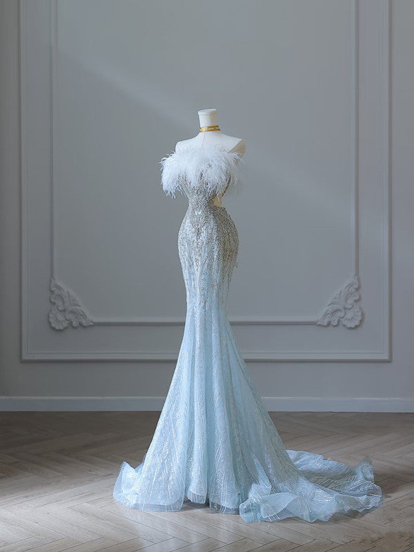 Princess Mermaid Strapless Neckline Long Sequin Light Sky Blue Long Wedding Dresses Brides Dress - View 2 | VelvetHem