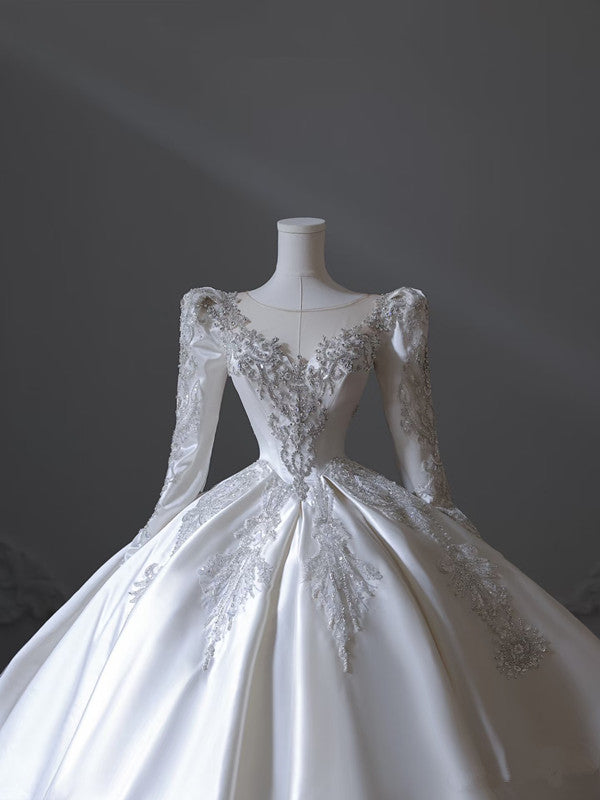 Princess Ball Gown Scoop Neckline Long Sleeves Pleats Beads White Satin Wedding Dresses - View 3 | VelvetHem