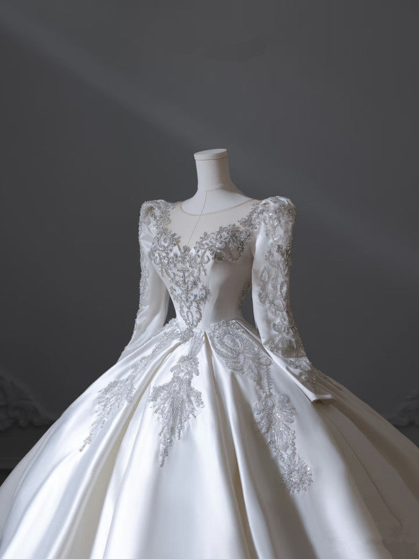 Princess Ball Gown Scoop Neckline Long Sleeves Pleats Beads White Satin Wedding Dresses - View 2 | VelvetHem