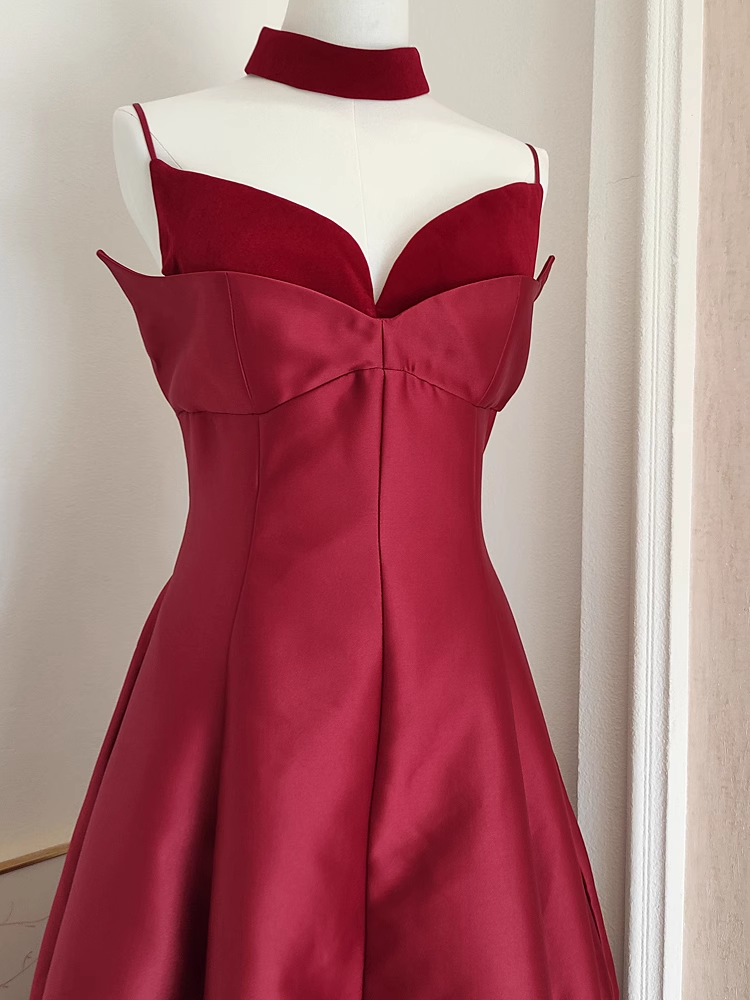Sexy A line Spaghetti Straps Burgundy Vacation Dress Satin Women Dresses - View 3 | VelvetHem