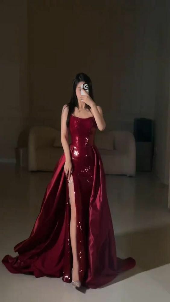 Modest Mermaid Strapless Burgundy Floor Length Evening Dress Sequin Prom Dresses