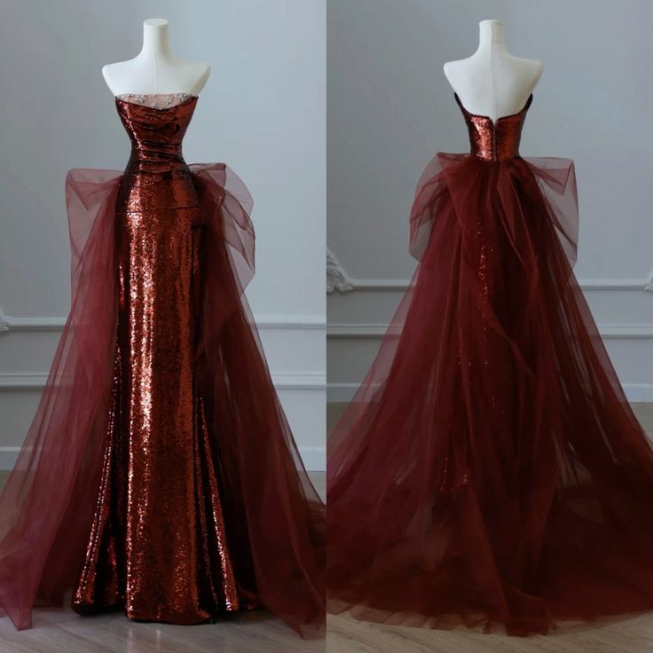 Modest Mermaid Strapless Burgundy Floor Length Evening Dress Sequin Prom Dresses