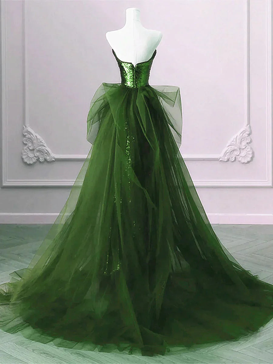 A-line Green Sequins and Tulle Long Prom Dress Green Evening Dress Formal Dress - View 4 | VelvetHem