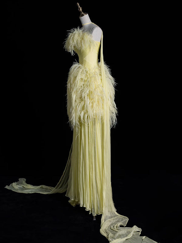 Aesthetic A line Off The Shoulder Yellow Chiffon Party Dress Long Prom Dress Evening Dresses - View 3 | VelvetHem