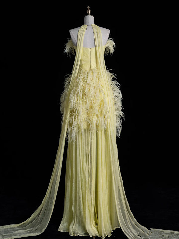 Aesthetic A line Off The Shoulder Yellow Chiffon Party Dress Long Prom Dress Evening Dresses - View 2 | VelvetHem