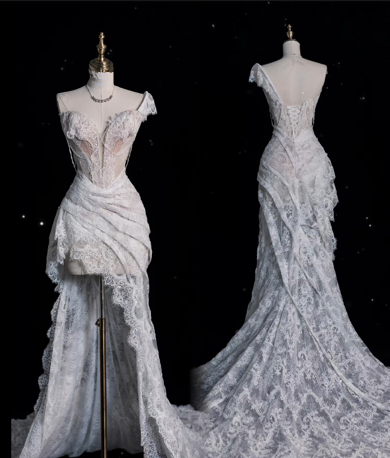Aesthetic High Low One Shoulder Lace White Long Wedding Dresses