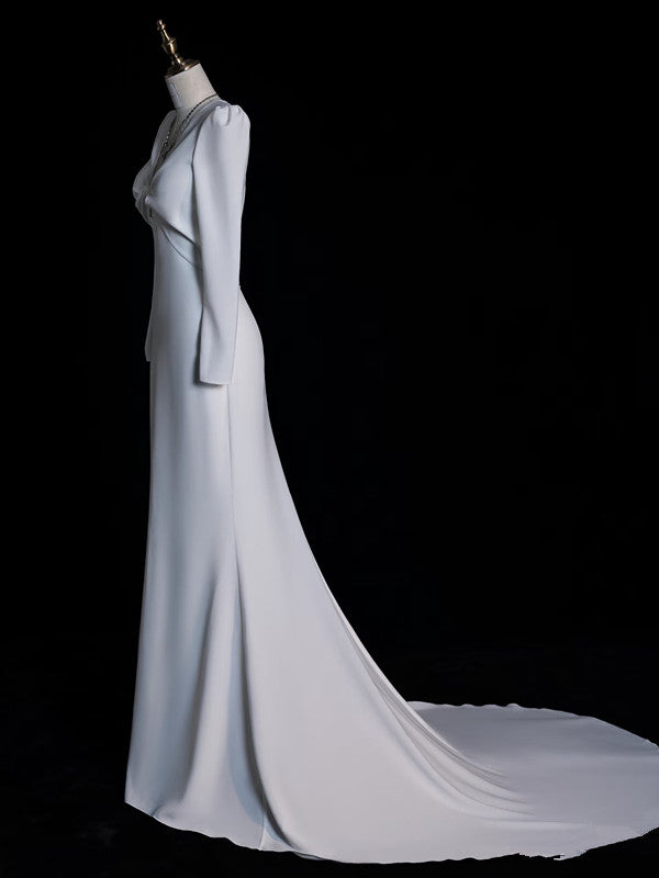 Sexy Mermaid V Neckline Long Sleeves White Satin Wedding Dresses Brides Dress - View 3 | VelvetHem