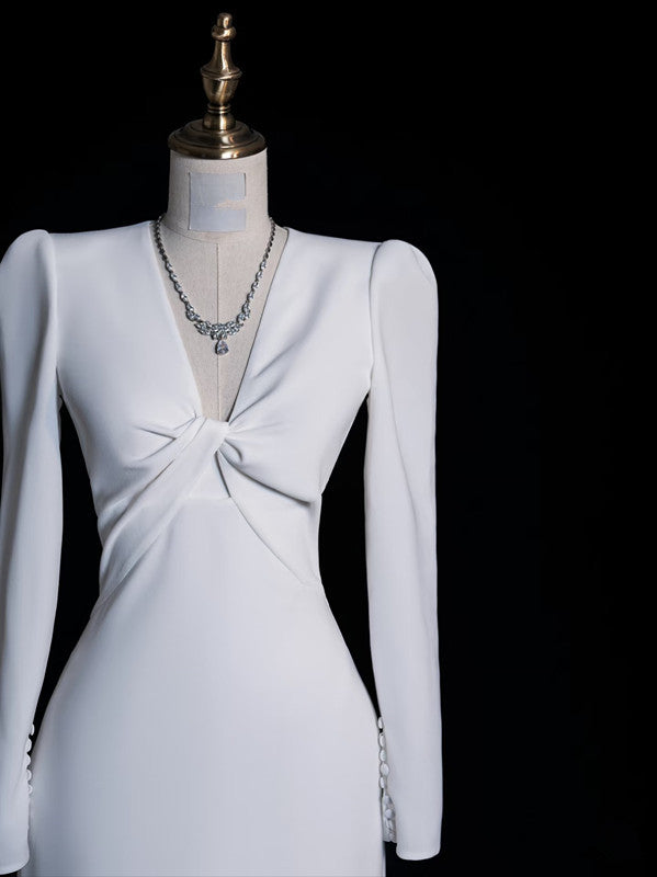 Sexy Mermaid V Neckline Long Sleeves White Satin Wedding Dresses Brides Dress - View 4 | VelvetHem