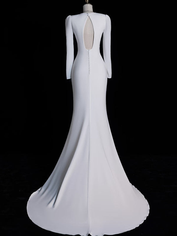 Sexy Mermaid V Neckline Long Sleeves White Satin Wedding Dresses Brides Dress - View 2 | VelvetHem