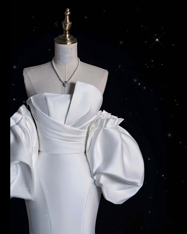 Sexy Mermaid Strapless Short Sleeves White Satin Wedding Dresses Brides Dress