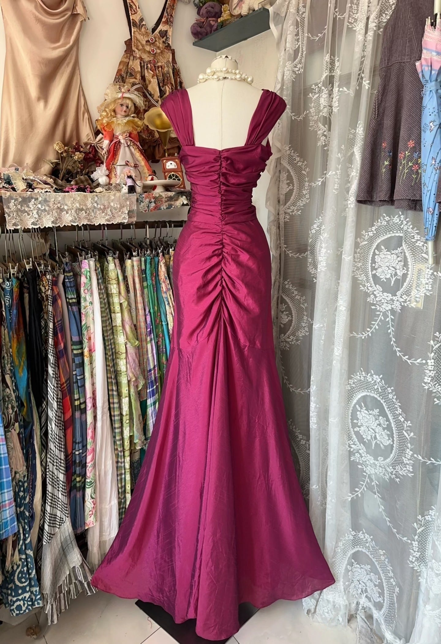 Vintage Fashion Mermaid Floor Length Hot Pink Satin Evening Dress Prom Dresses