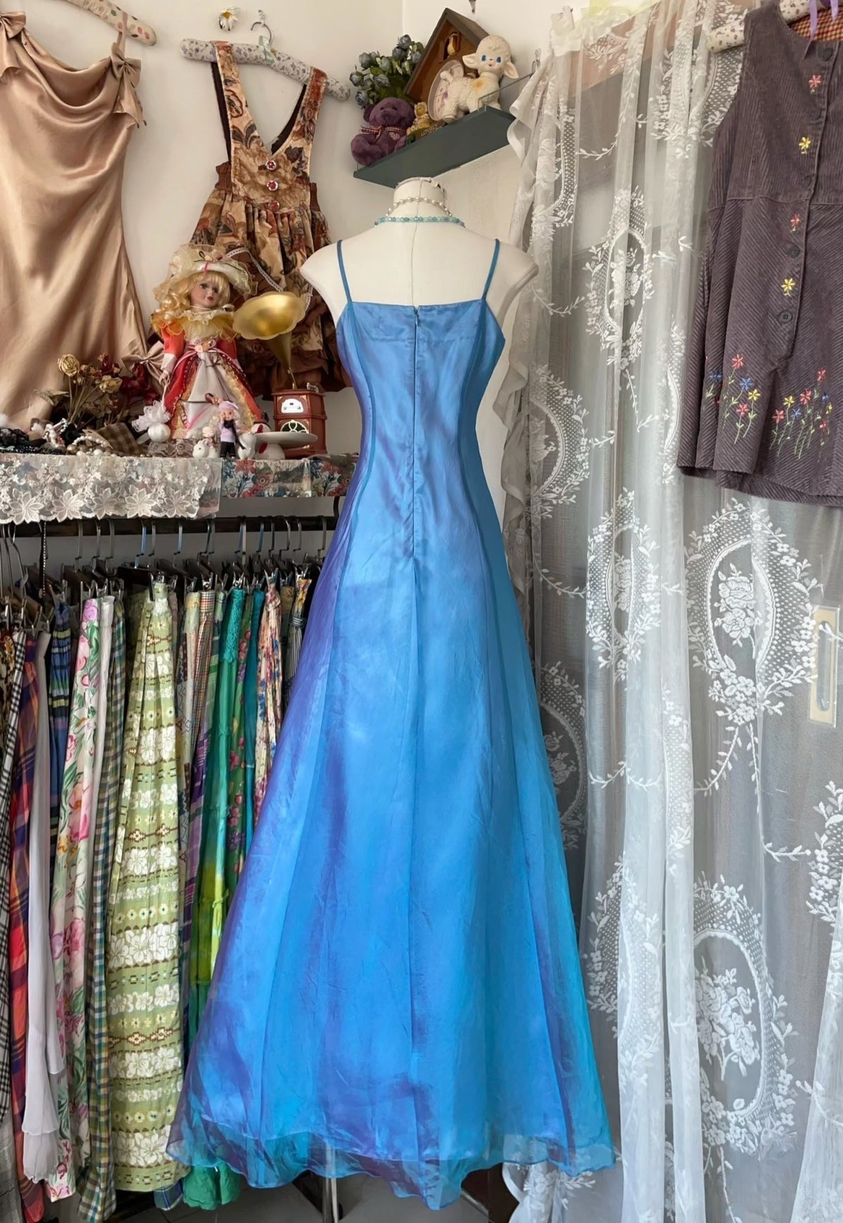 Vintage Fashion Mermaid Spaghetti Straps Blue Floor Length Evening Dress Prom Dresses - View 2 | VelvetHem