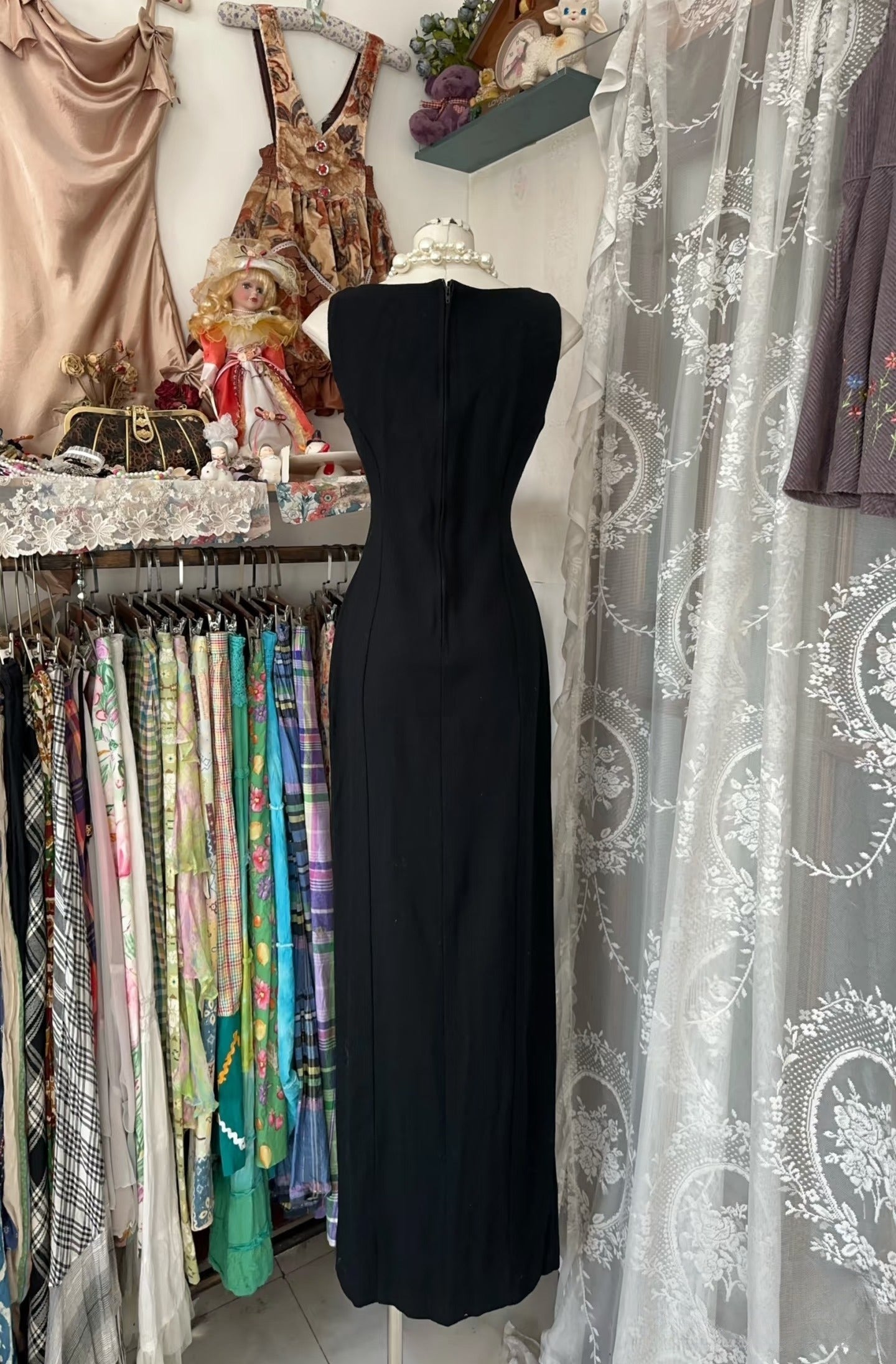 Vintage Fashion Sheath Straps Black Slit Floor Length Evening Dress Prom Dresses
