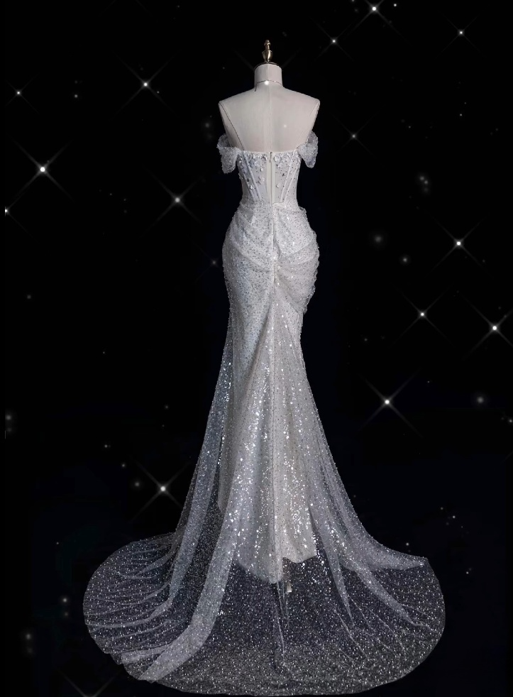Unique Mermaid Off The Shoulder Sequin Short Sleeves White Wedding Dresses Brides Dress