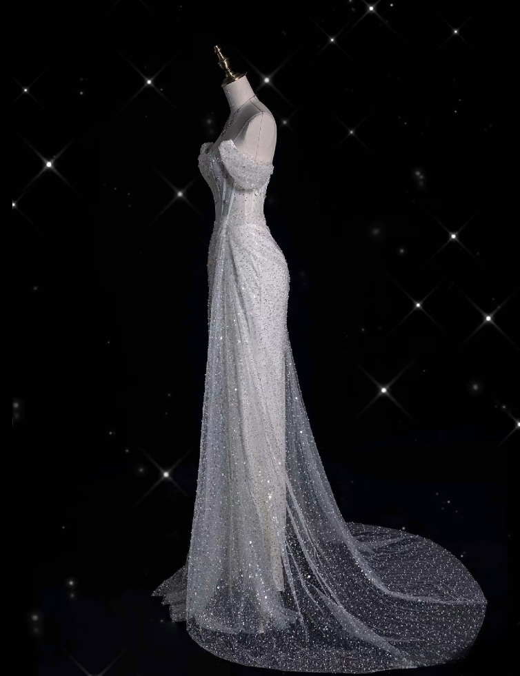 Unique Mermaid Off The Shoulder Sequin Short Sleeves White Wedding Dresses Brides Dress