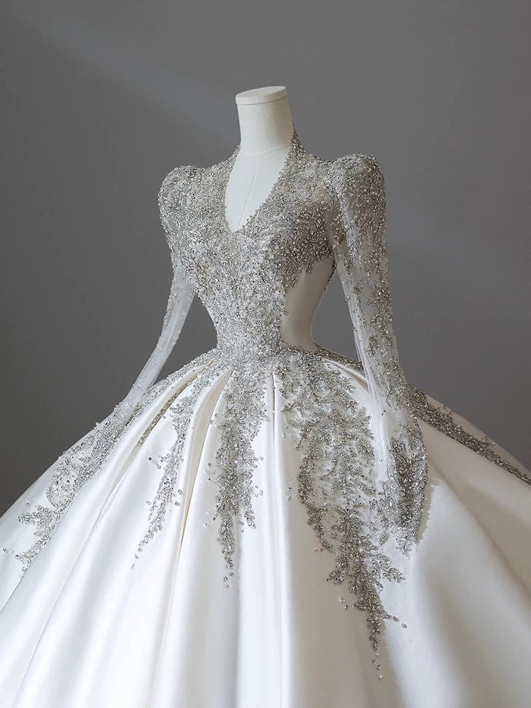 Pretty Ball Gown V Neckline Long Sleeves Sequin White Wedding Dresses Brides Dress