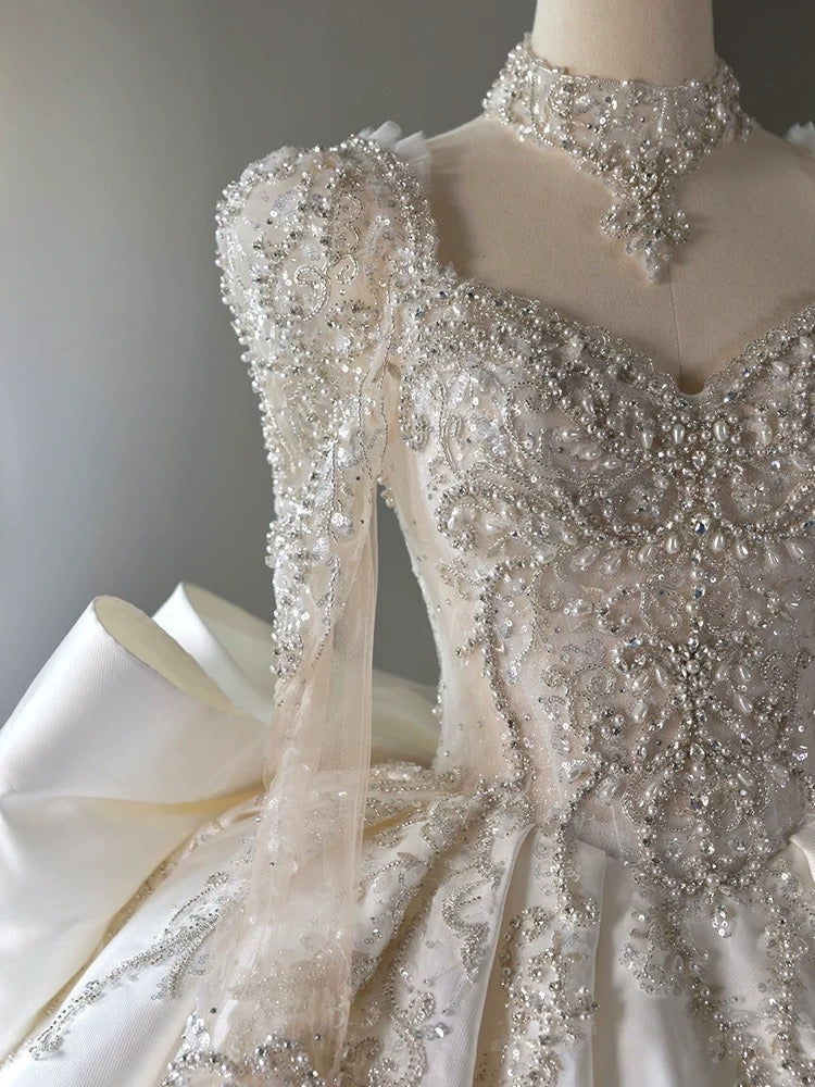 Luxury Ball Gown Sweetheart Neckline Long Sleeves Sequin White Wedding Dresses Brides Dress - View 6 | VelvetHem
