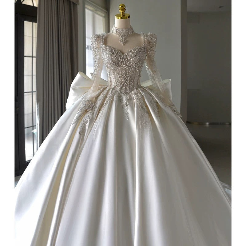 Luxury Ball Gown Sweetheart Neckline Long Sleeves Sequin White Wedding Dresses Brides Dress - View 3 | VelvetHem